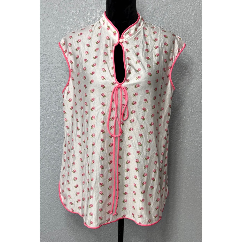 Vintage Montgomery Ward Nylon‎ Floral Pajama Top Pink Rosebud Sleeveless Large